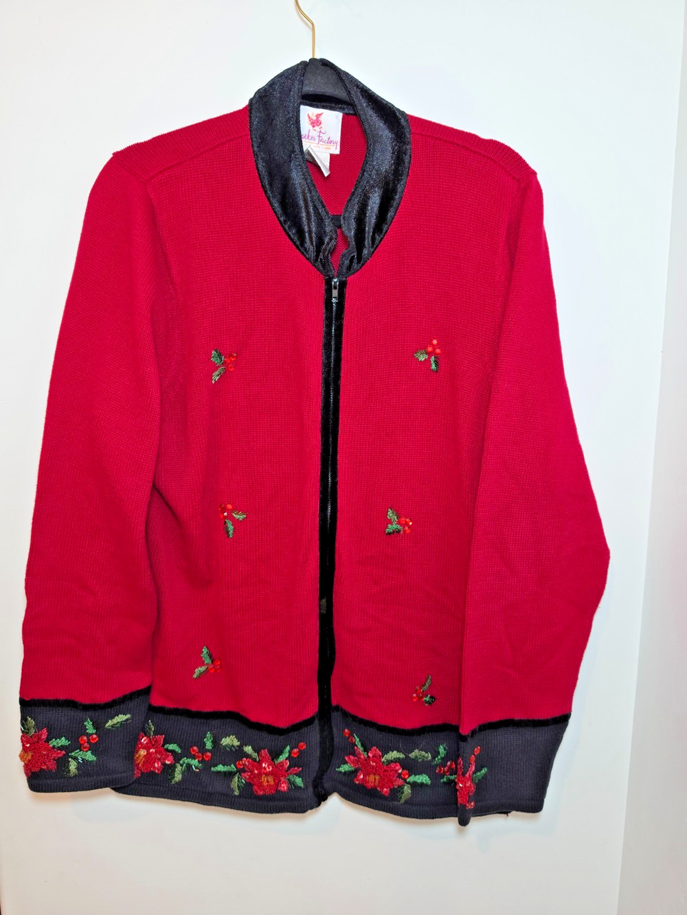 Quacker Factory Womens Christmas Holly Berry Red Zip Up Cardigan Sz L Beaded